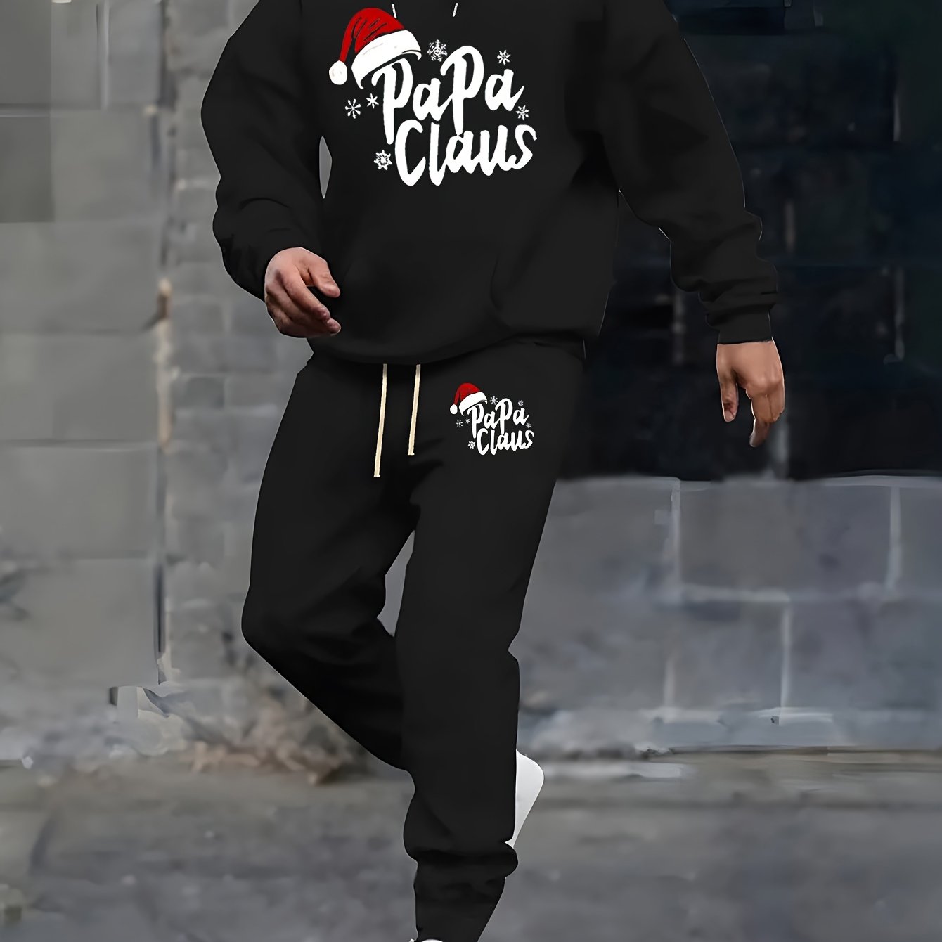 Outdoor Sport Outfit - Weihnachtsmann-Print Herren 2-Teiliger Trainingsanzug, Festtags-Hoodie &